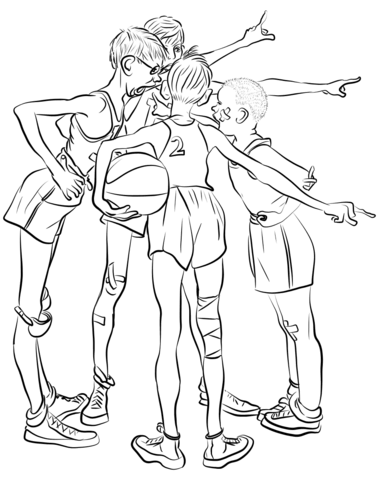 Four Sporting Boys  Basketball By Norman Rockwell Coloring Page